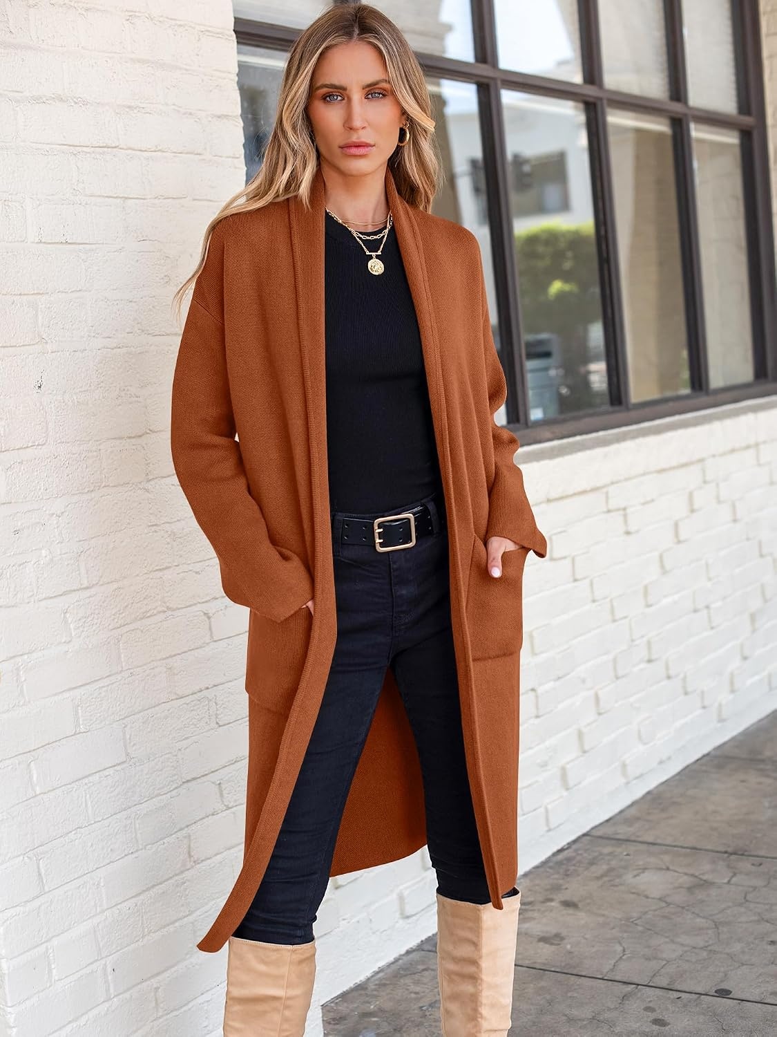 image:imageANRABESS Womens Cardigan Long Sweater Oversized Open Front Knit Coatigan Duster Coat 2026 Trendy Fall Outfits OuterwearCaramel