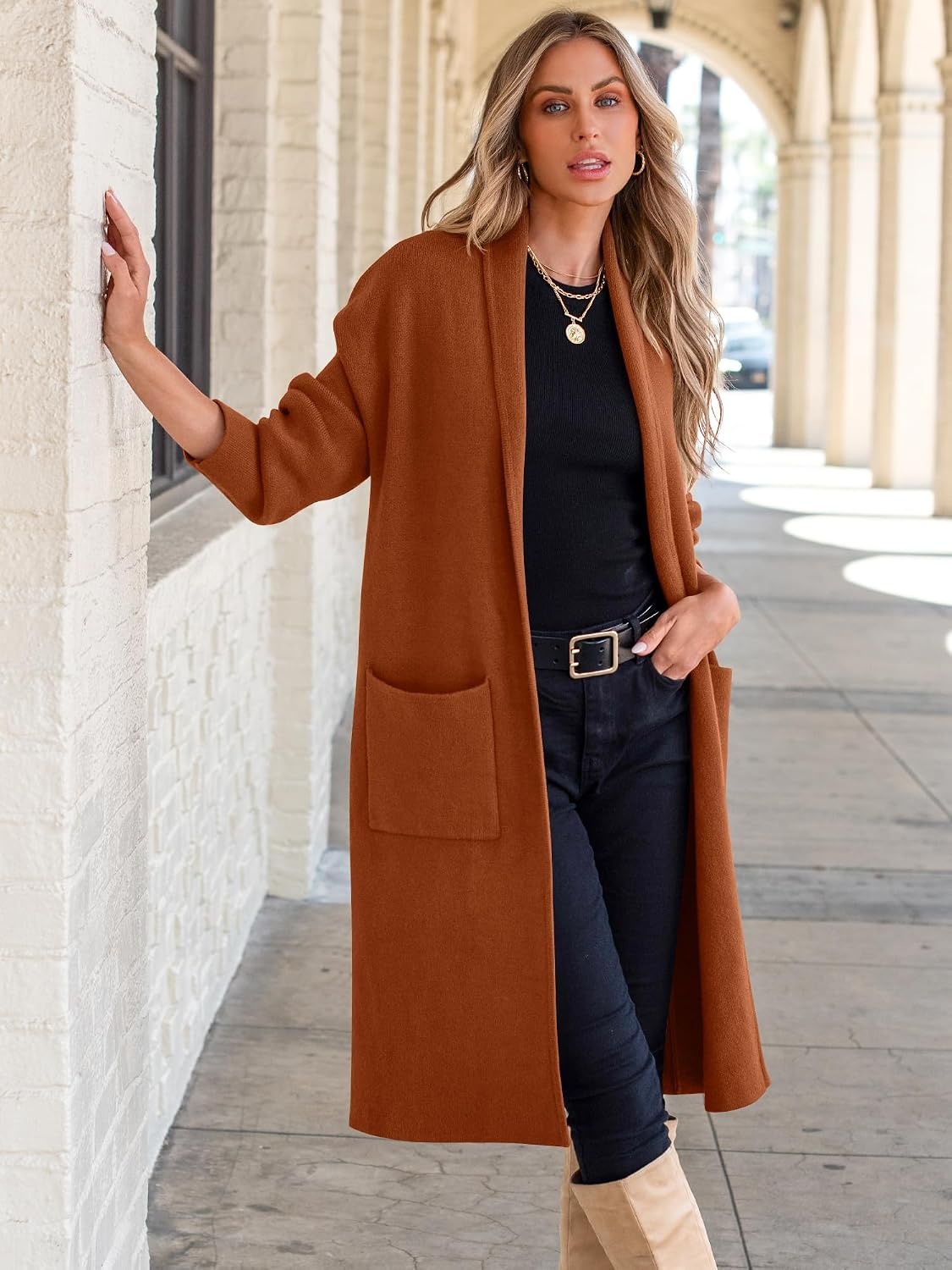 image:imageANRABESS Womens Cardigan Long Sweater Oversized Open Front Knit Coatigan Duster Coat 2026 Trendy Fall Outfits OuterwearCaramel