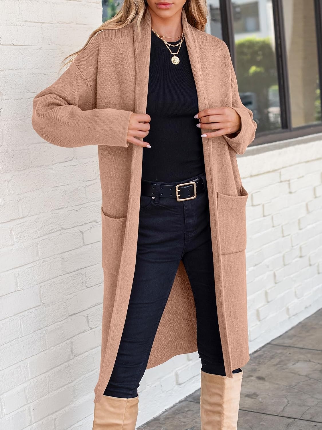 image:imageANRABESS Womens Cardigan Long Sweater Oversized Open Front Knit Coatigan Duster Coat 2026 Trendy Fall Outfits OuterwearLight Camel