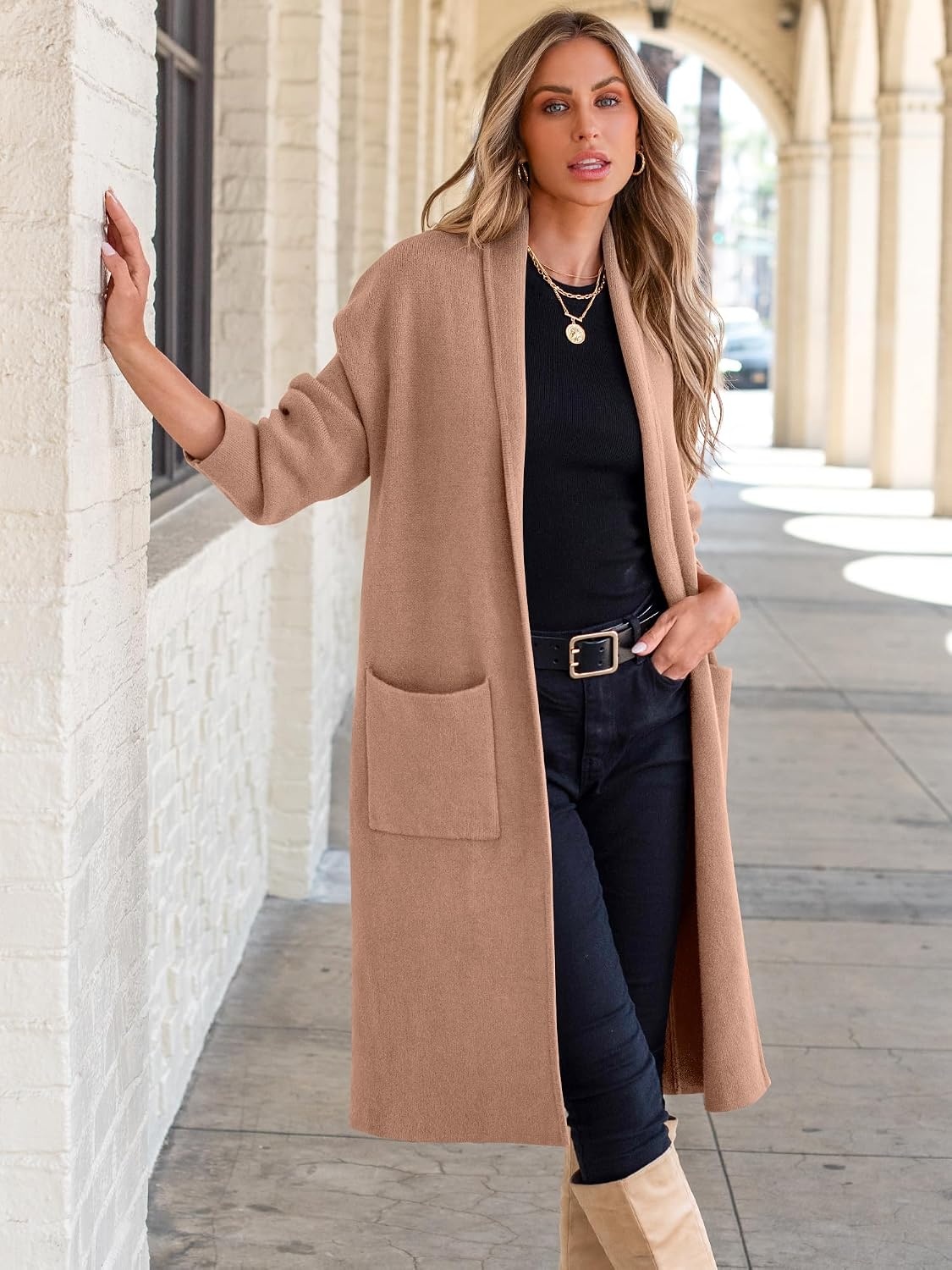 image:imageANRABESS Womens Cardigan Long Sweater Oversized Open Front Knit Coatigan Duster Coat 2026 Trendy Fall Outfits OuterwearLight Camel