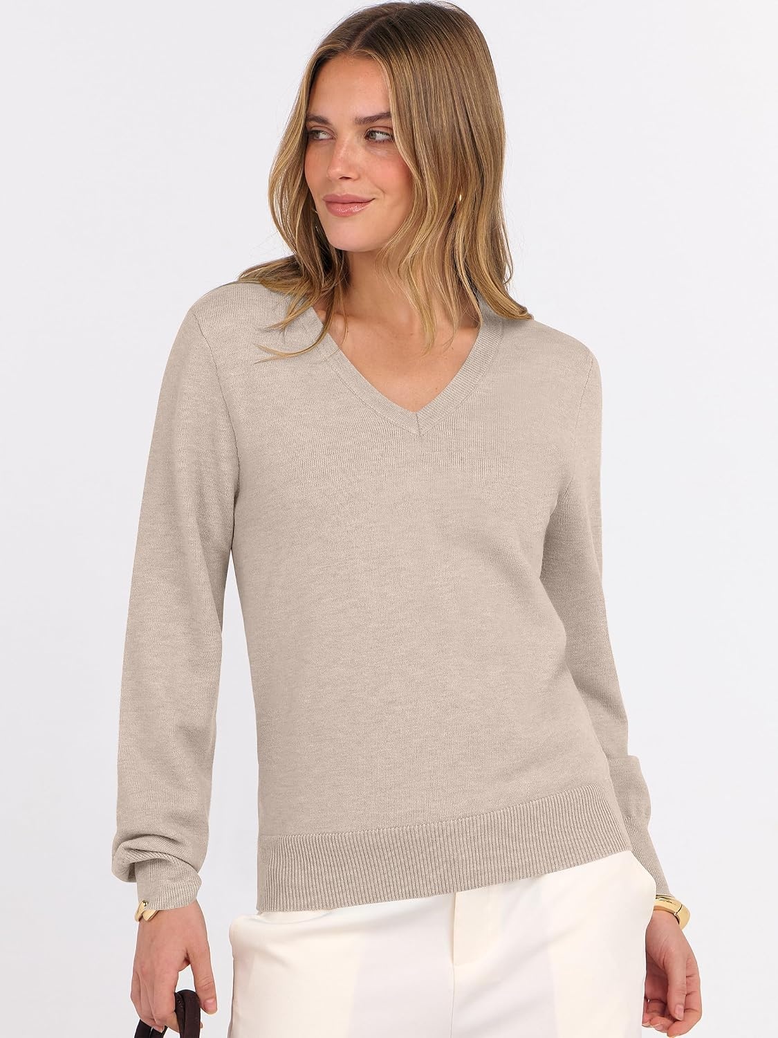 image:imageANRABESS Womens Fall Long Sleeve V Neck Lightweight Sweaters TopAlmond