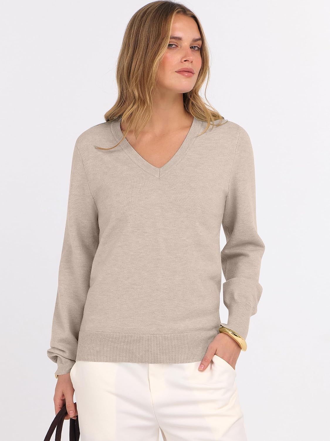 image:imageANRABESS Womens Fall Long Sleeve V Neck Lightweight Sweaters TopAlmond