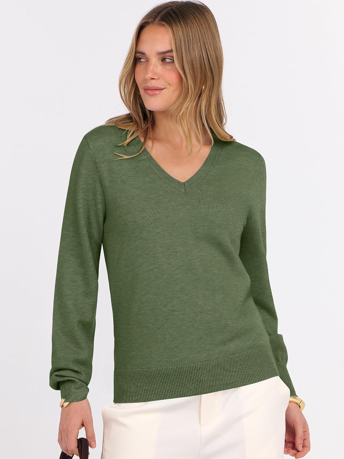 image:imageANRABESS Womens Fall Long Sleeve V Neck Lightweight Sweaters TopArmy Green