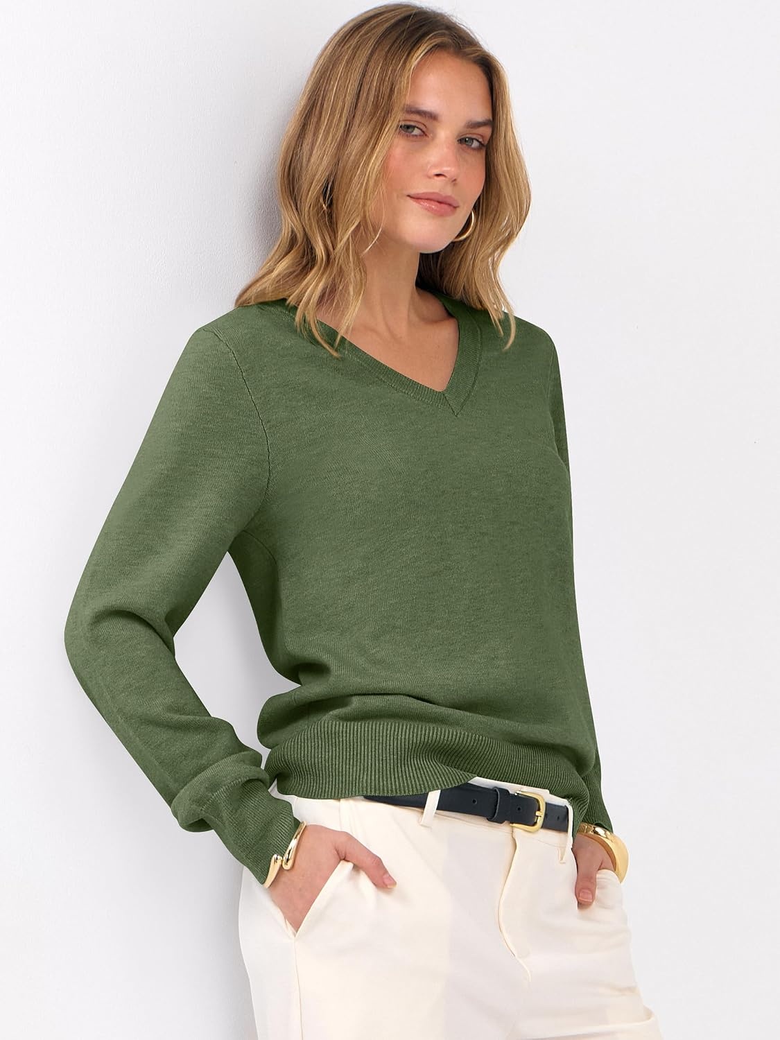 image:imageANRABESS Womens Fall Long Sleeve V Neck Lightweight Sweaters TopArmy Green