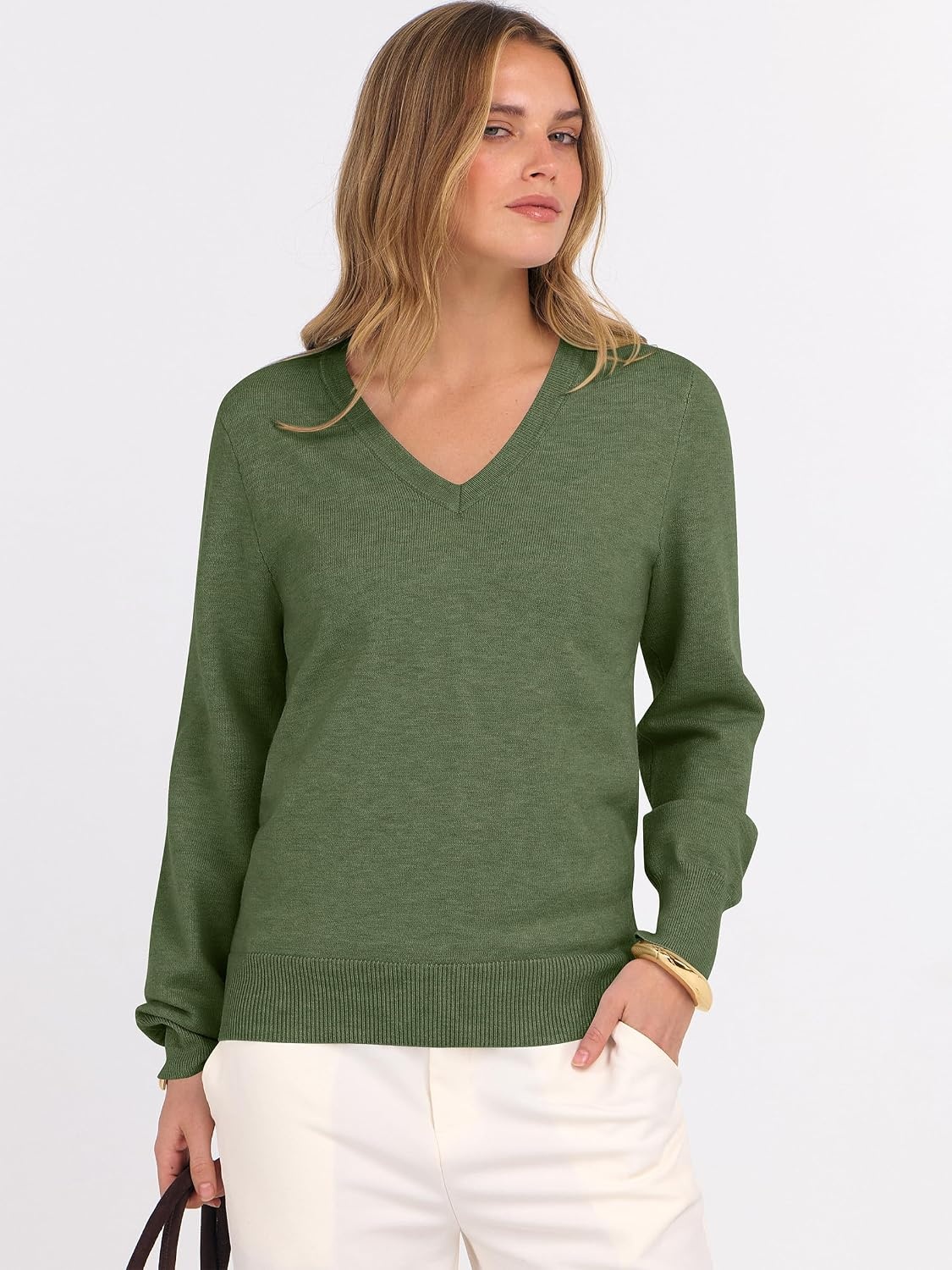 image:imageANRABESS Womens Fall Long Sleeve V Neck Lightweight Sweaters TopArmy Green
