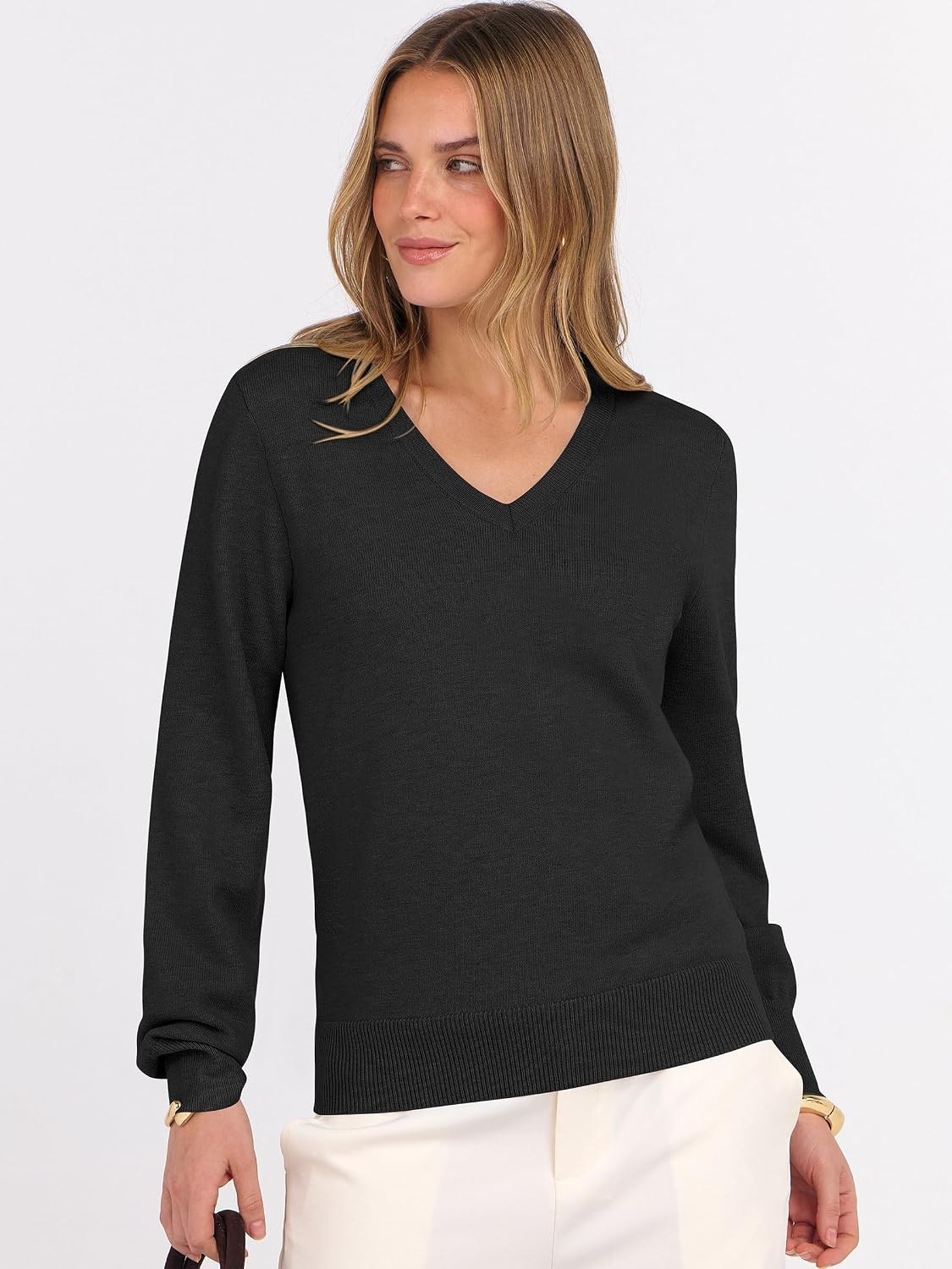 image:imageANRABESS Womens Fall Long Sleeve V Neck Lightweight Sweaters TopBlack