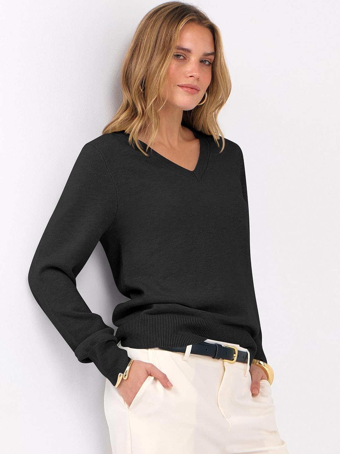 image:imageANRABESS Womens Fall Long Sleeve V Neck Lightweight Sweaters TopBlack