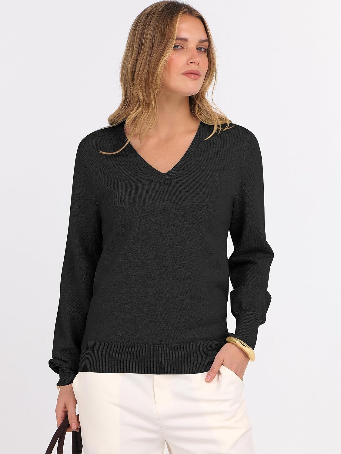 image:imageANRABESS Womens Fall Long Sleeve V Neck Lightweight Sweaters TopBlack