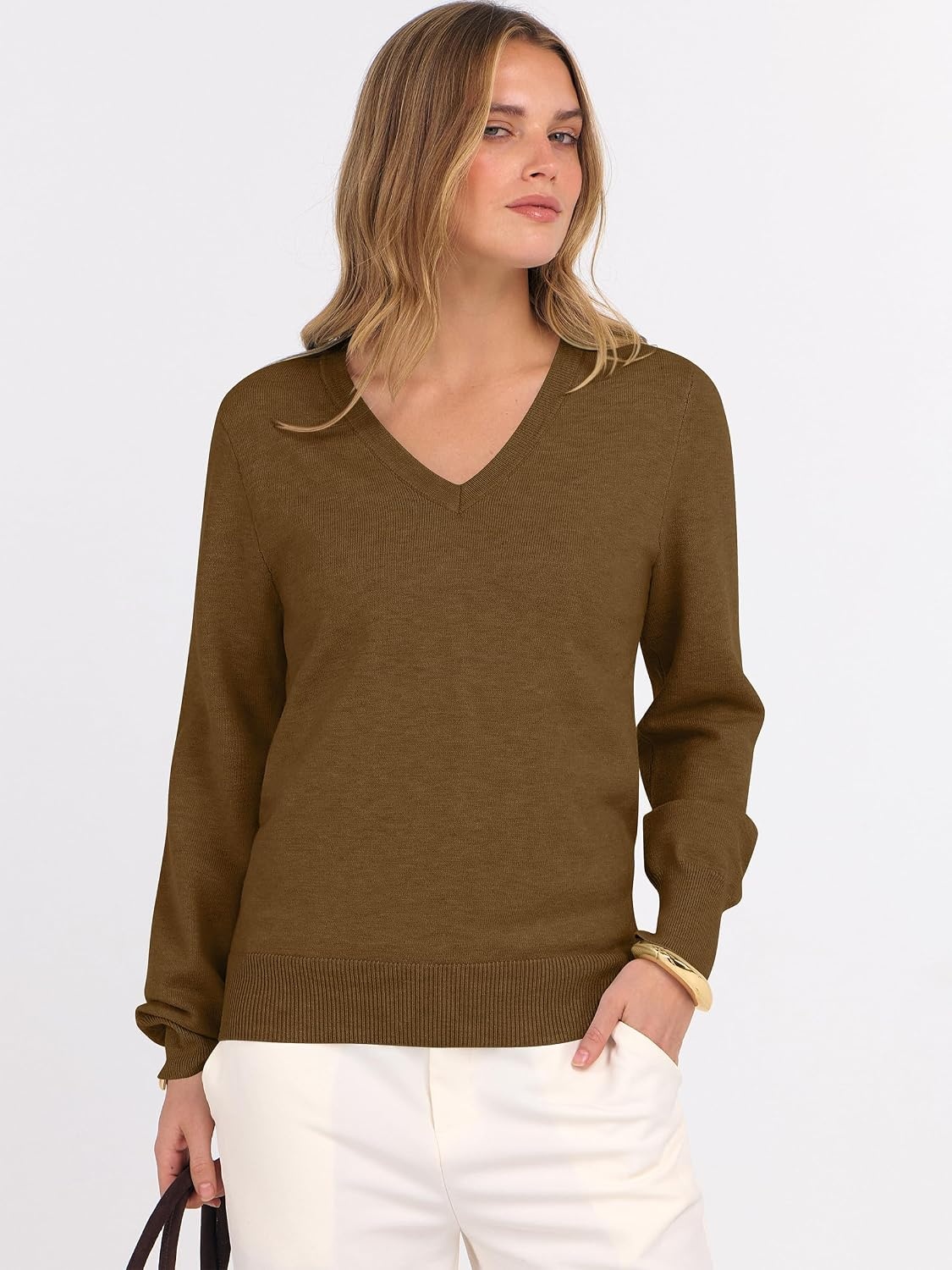 image:imageANRABESS Womens Fall Long Sleeve V Neck Lightweight Sweaters TopCaramel