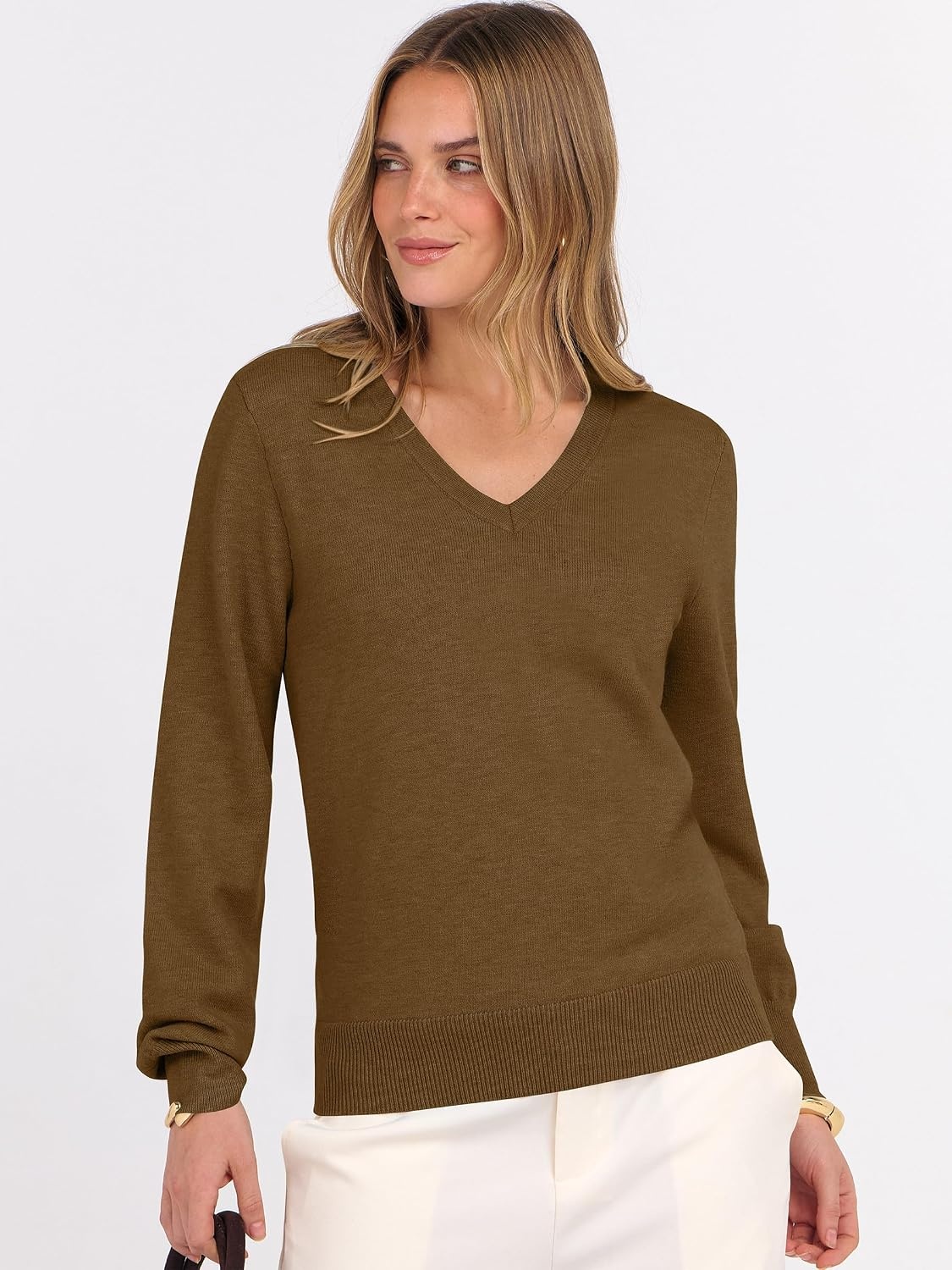 image:imageANRABESS Womens Fall Long Sleeve V Neck Lightweight Sweaters TopCaramel