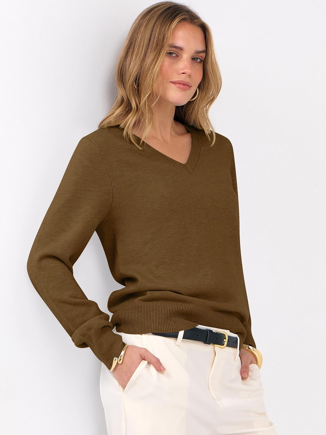 image:imageANRABESS Womens Fall Long Sleeve V Neck Lightweight Sweaters TopCaramel