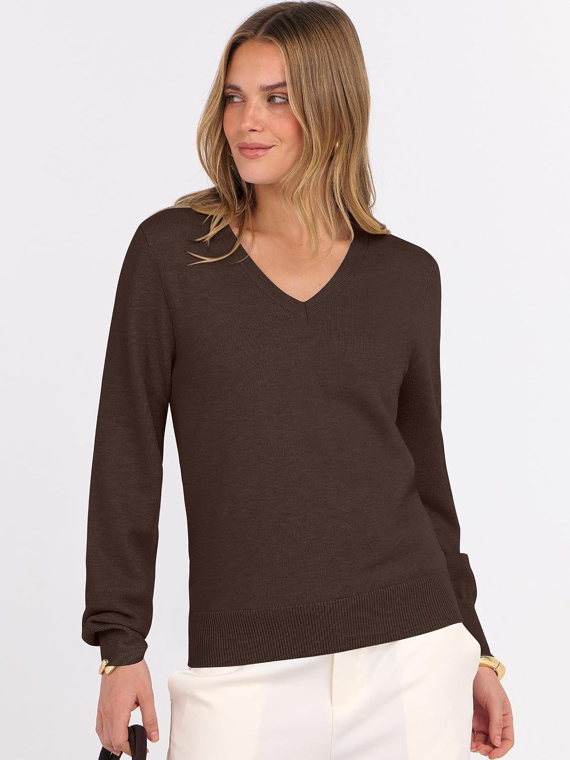 image:imageANRABESS Womens Fall Long Sleeve V Neck Lightweight Sweaters TopCoffee