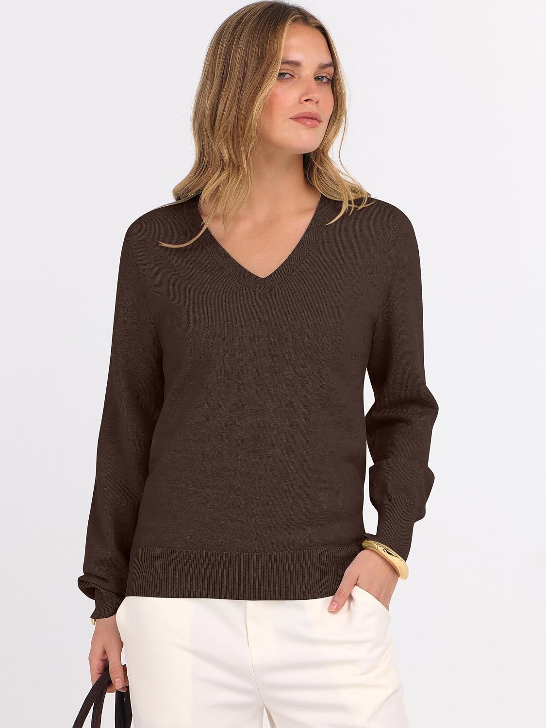 image:imageANRABESS Womens Fall Long Sleeve V Neck Lightweight Sweaters TopCoffee