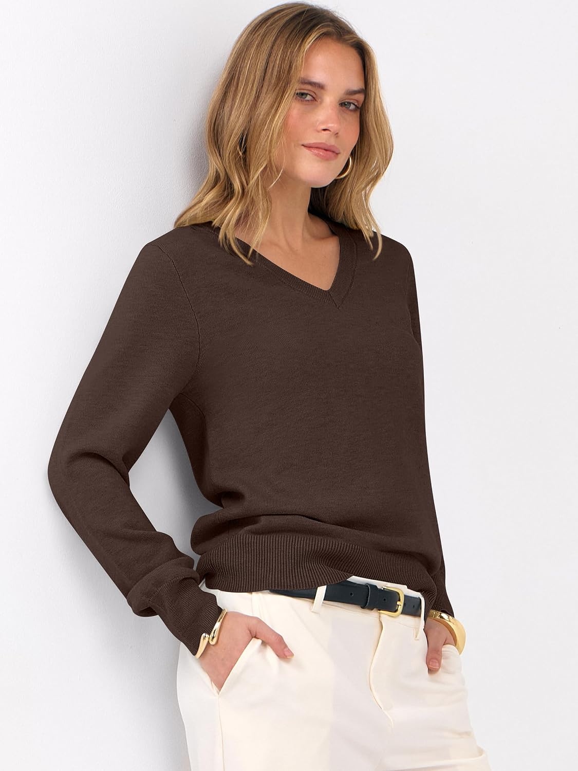 image:imageANRABESS Womens Fall Long Sleeve V Neck Lightweight Sweaters TopCoffee