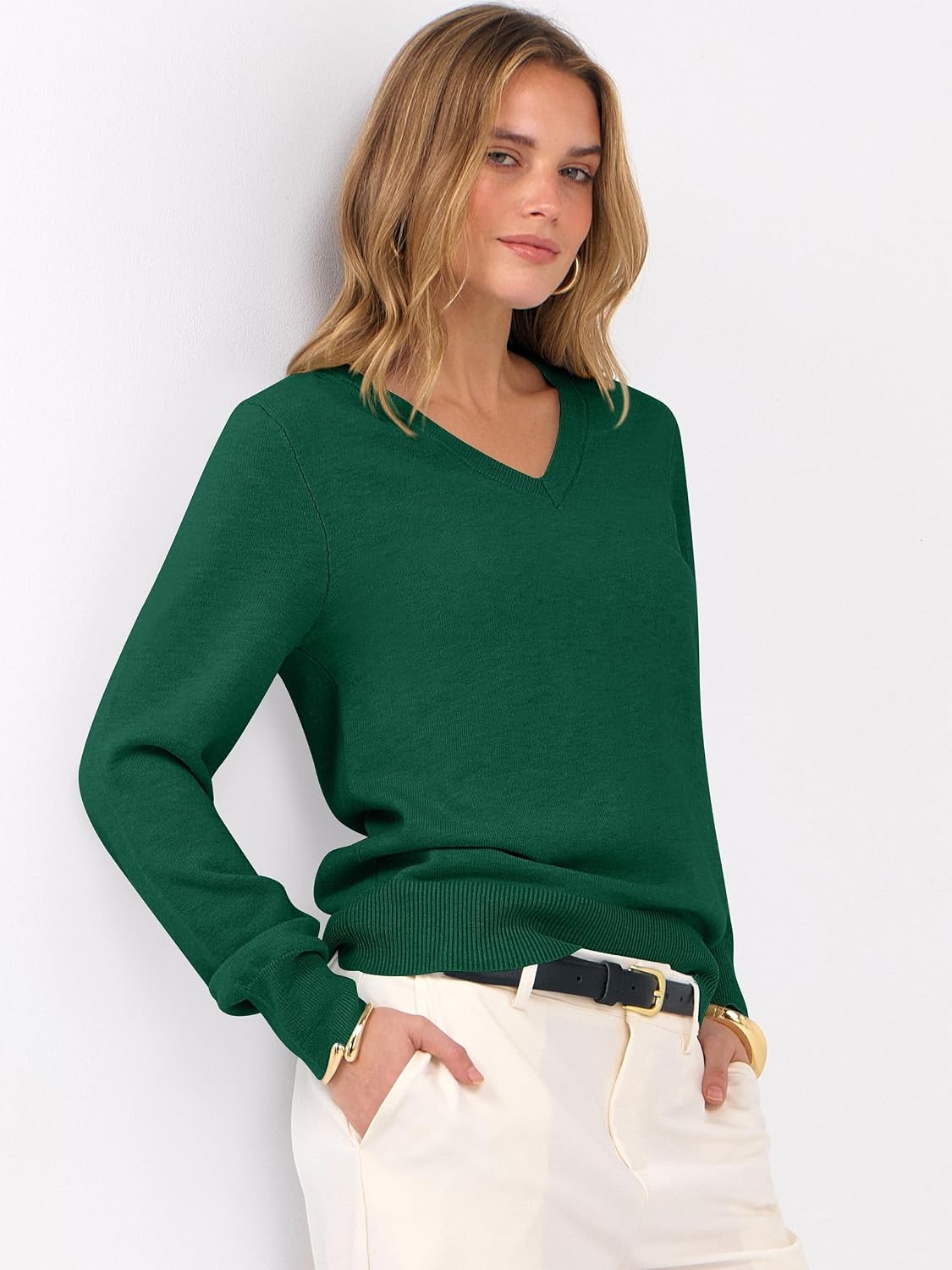 image:imageANRABESS Womens Fall Long Sleeve V Neck Lightweight Sweaters TopDark Forest Green