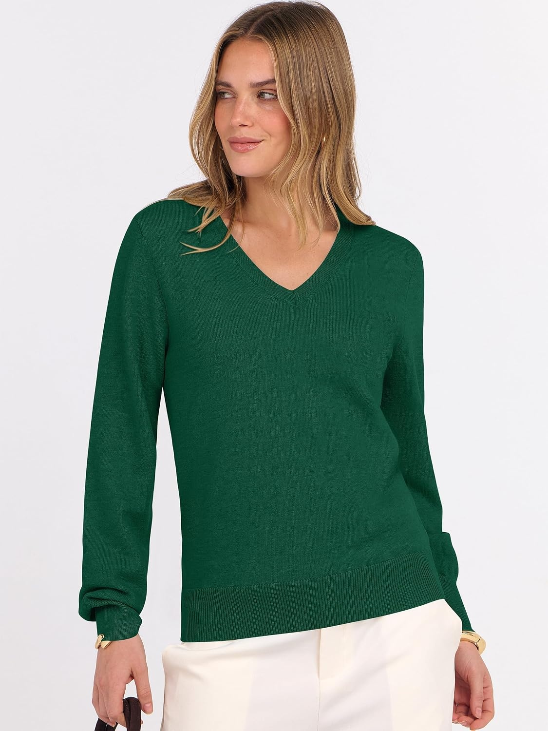 image:imageANRABESS Womens Fall Long Sleeve V Neck Lightweight Sweaters TopDark Forest Green