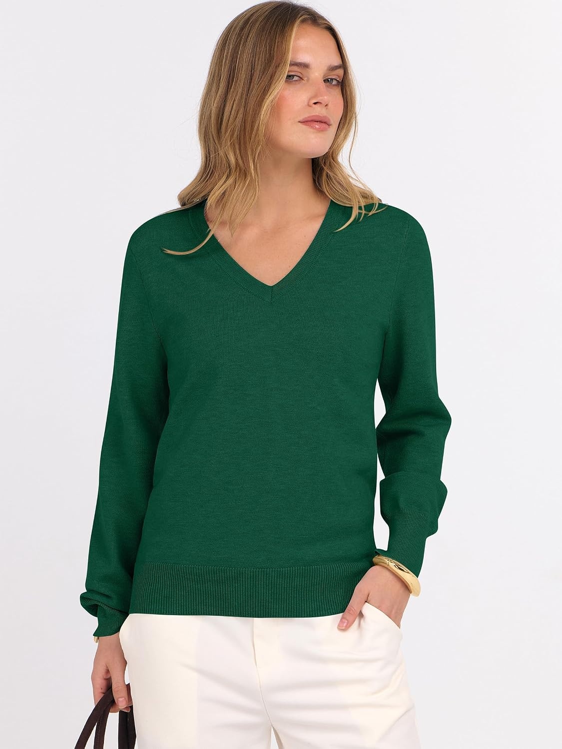 image:imageANRABESS Womens Fall Long Sleeve V Neck Lightweight Sweaters TopDark Forest Green