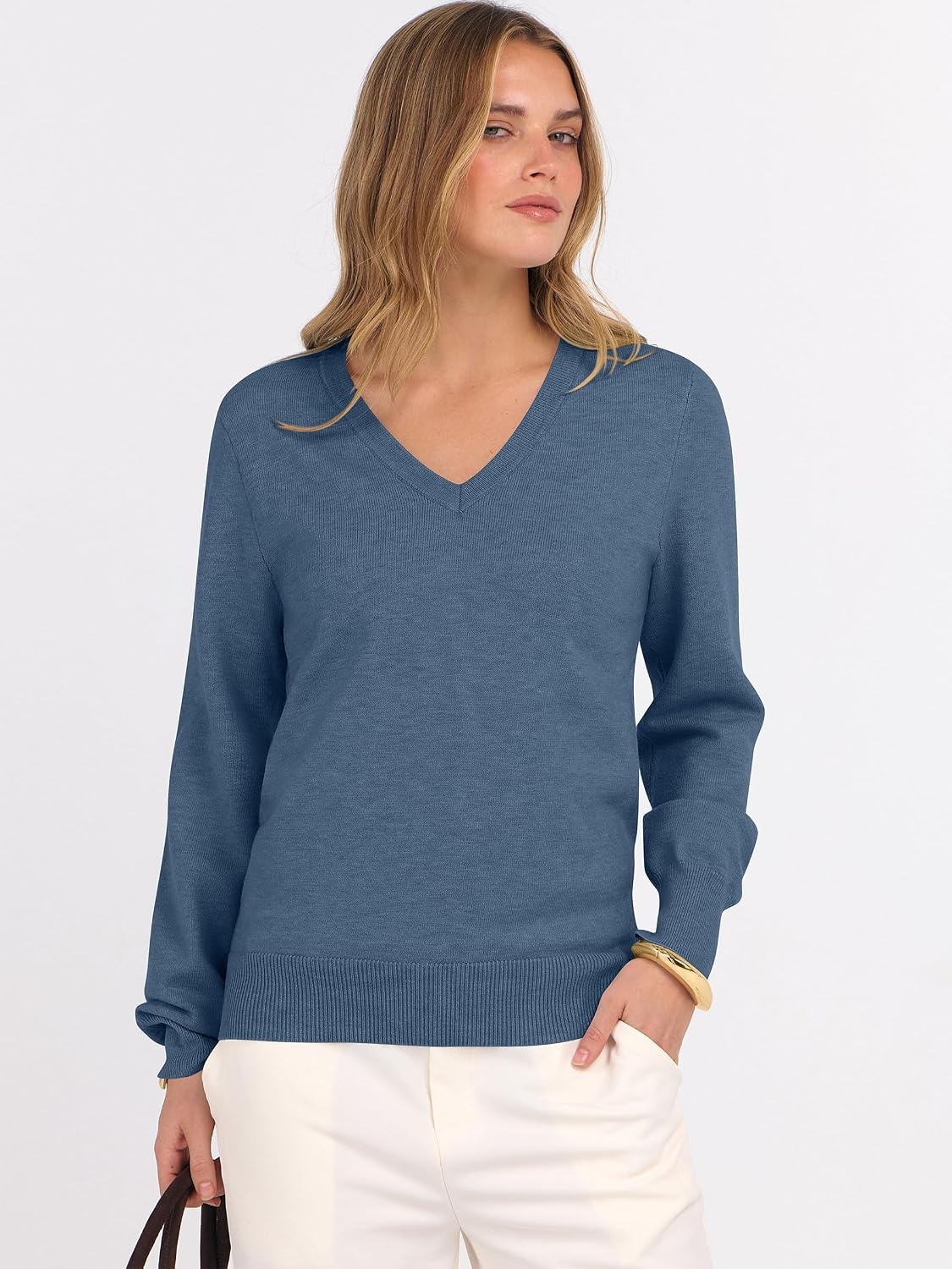 image:imageANRABESS Womens Fall Long Sleeve V Neck Lightweight Sweaters TopDeep Blue