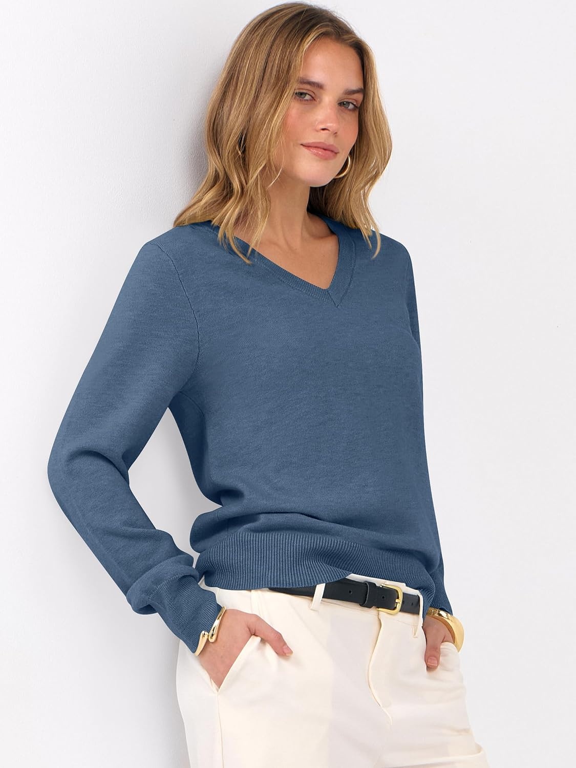 image:imageANRABESS Womens Fall Long Sleeve V Neck Lightweight Sweaters TopDeep Blue