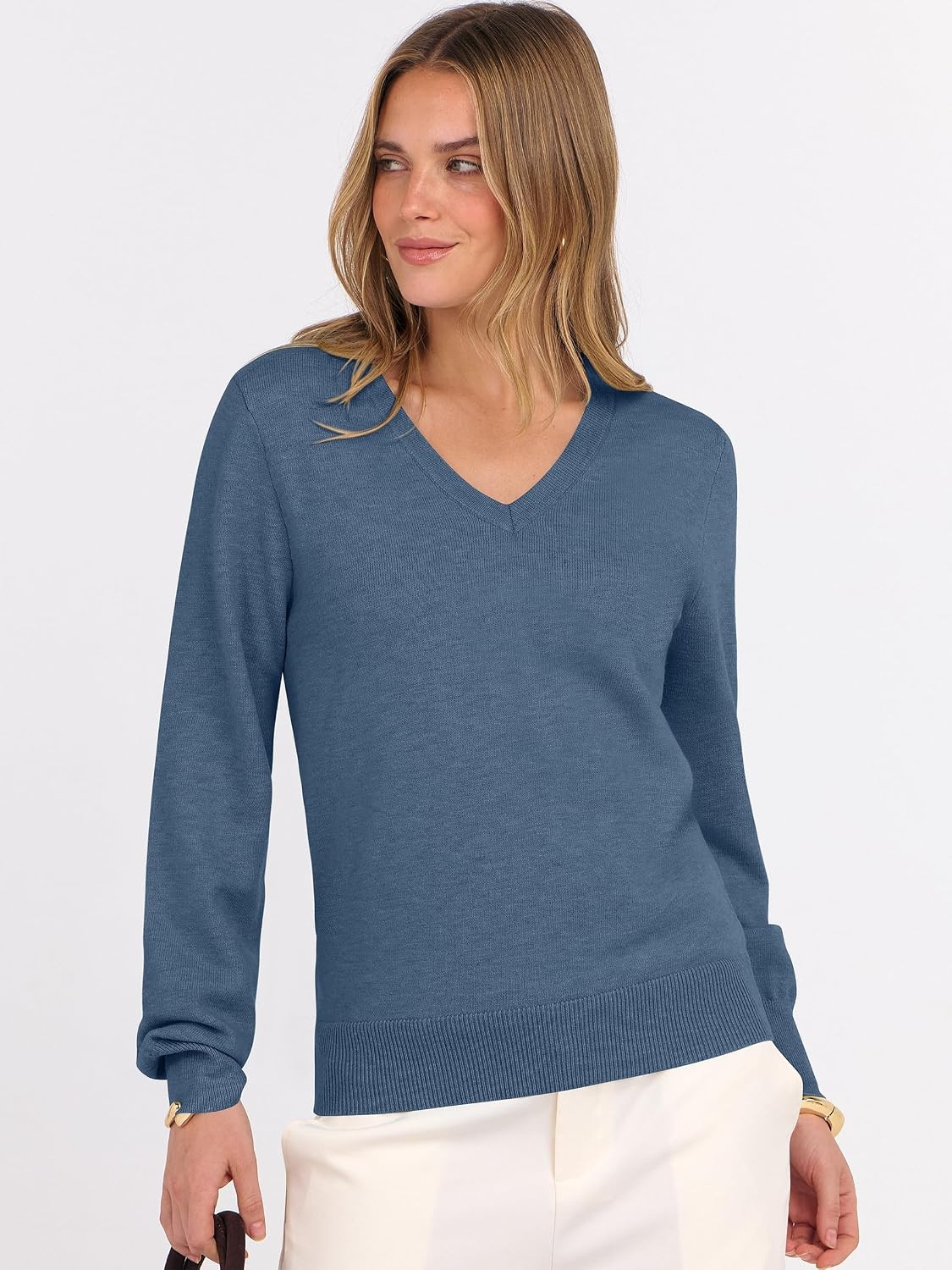 image:imageANRABESS Womens Fall Long Sleeve V Neck Lightweight Sweaters TopDeep Blue