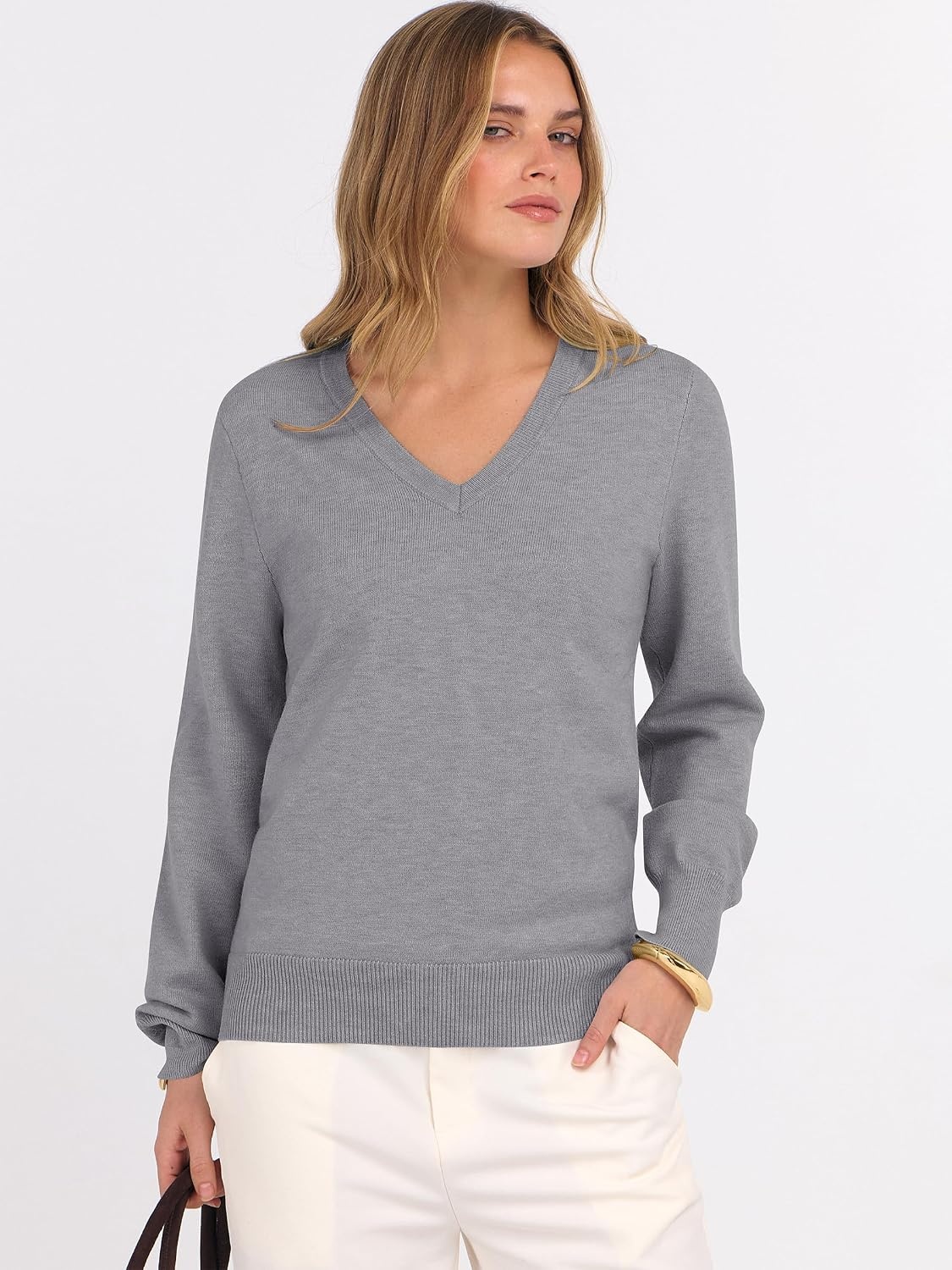 image:imageANRABESS Womens Fall Long Sleeve V Neck Lightweight Sweaters TopGrey