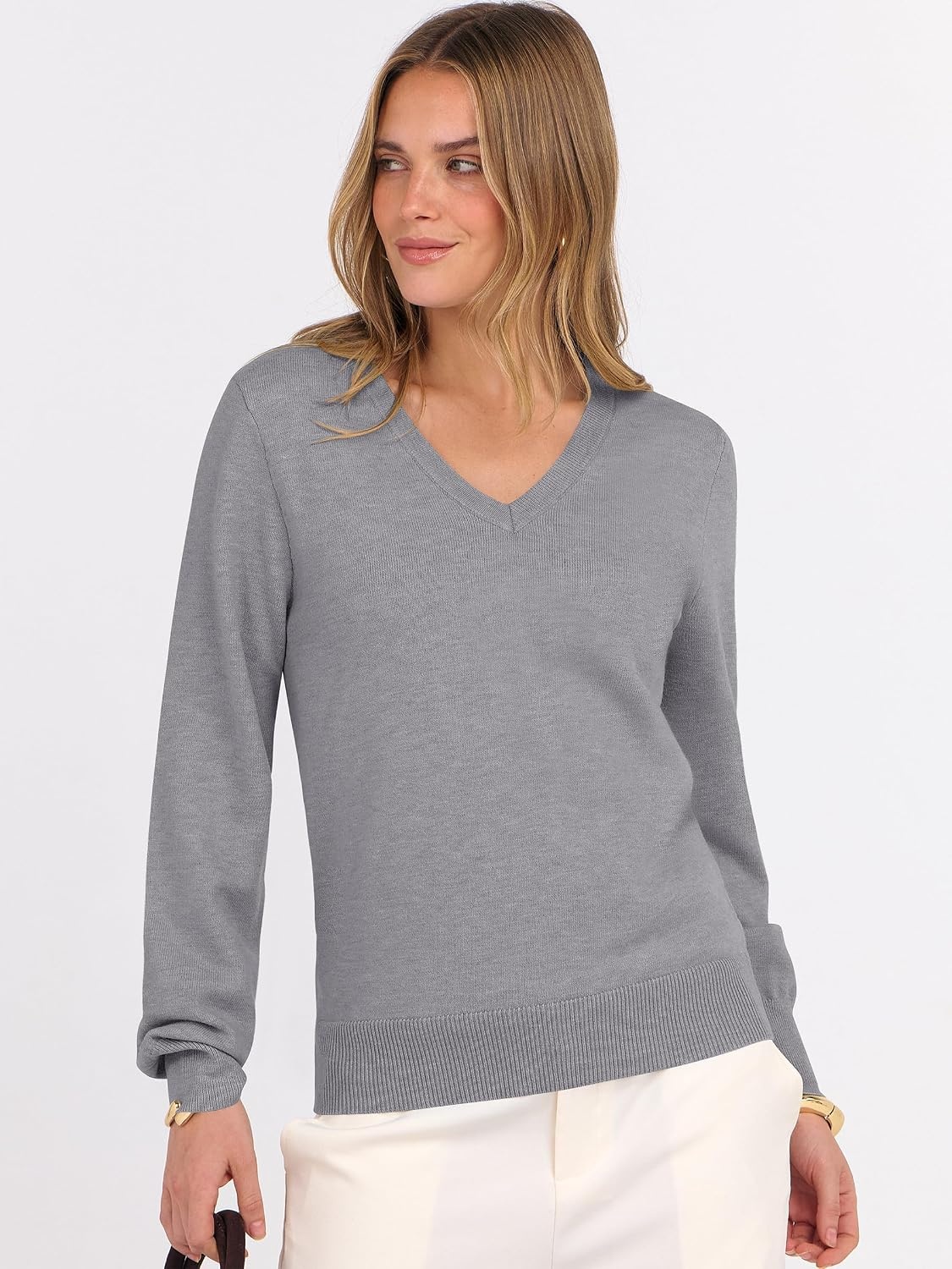 image:imageANRABESS Womens Fall Long Sleeve V Neck Lightweight Sweaters TopGrey