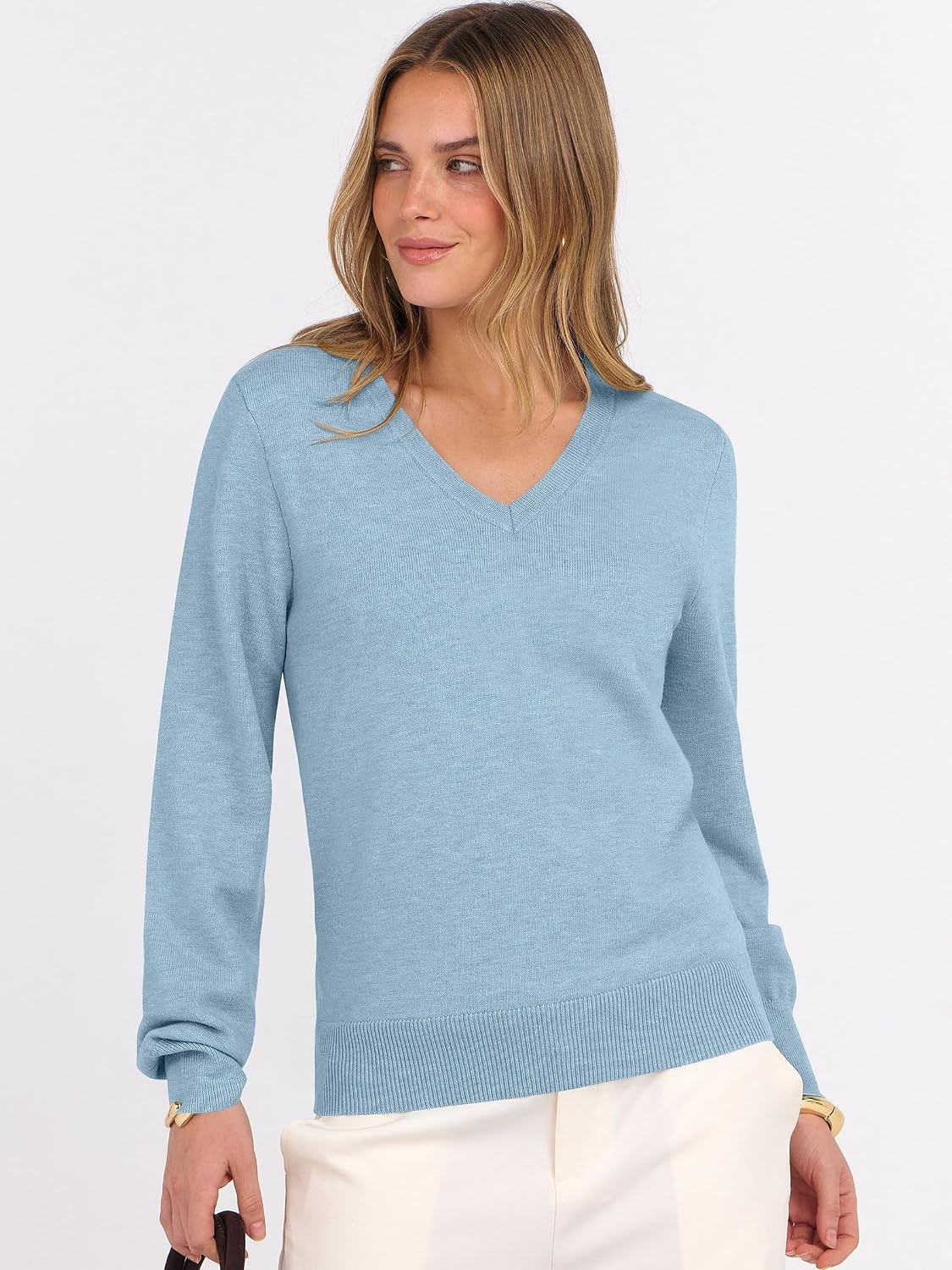 image:imageANRABESS Womens Fall Long Sleeve V Neck Lightweight Sweaters TopLight Blue