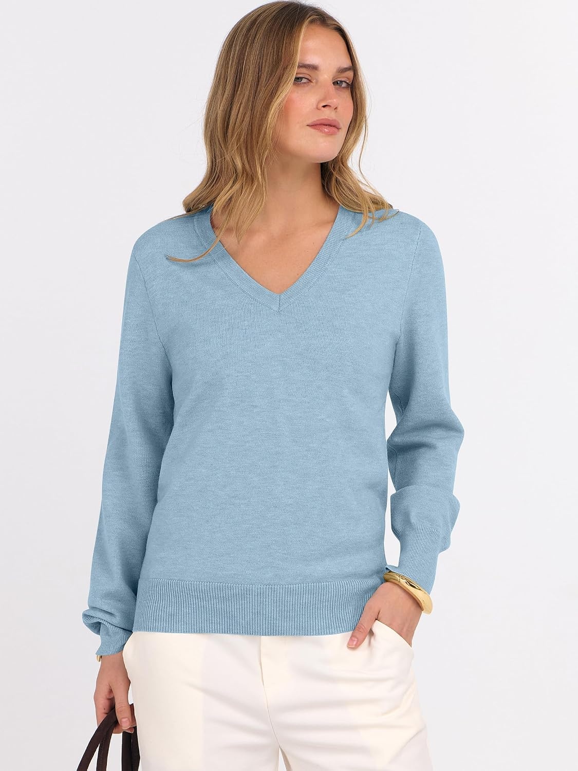 image:imageANRABESS Womens Fall Long Sleeve V Neck Lightweight Sweaters TopLight Blue