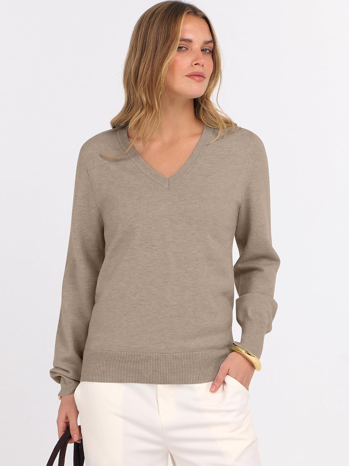 image:imageANRABESS Womens Fall Long Sleeve V Neck Lightweight Sweaters TopLight Camel