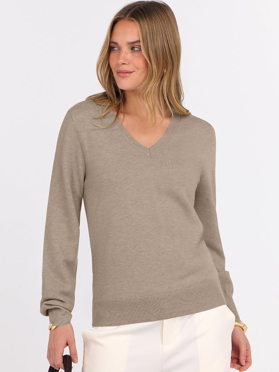 image:imageANRABESS Womens Fall Long Sleeve V Neck Lightweight Sweaters TopLight Camel