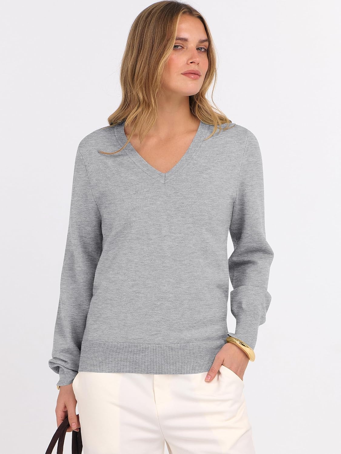 image:imageANRABESS Womens Fall Long Sleeve V Neck Lightweight Sweaters TopLight Grey