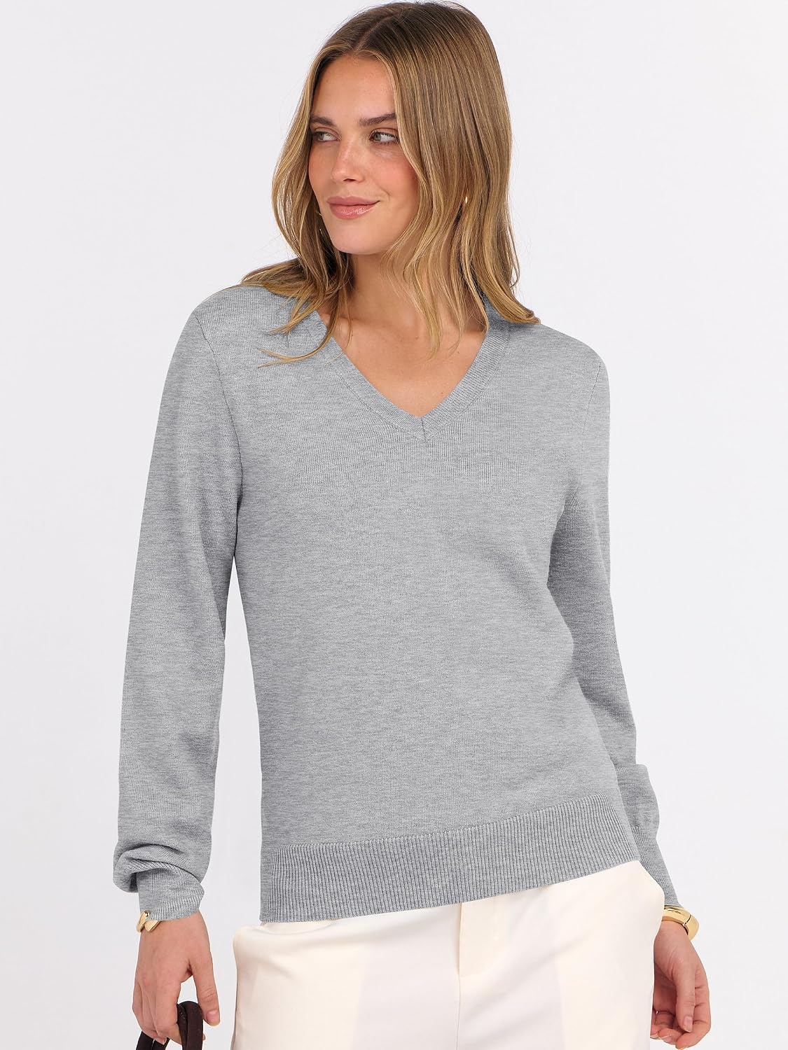 image:imageANRABESS Womens Fall Long Sleeve V Neck Lightweight Sweaters TopLight Grey