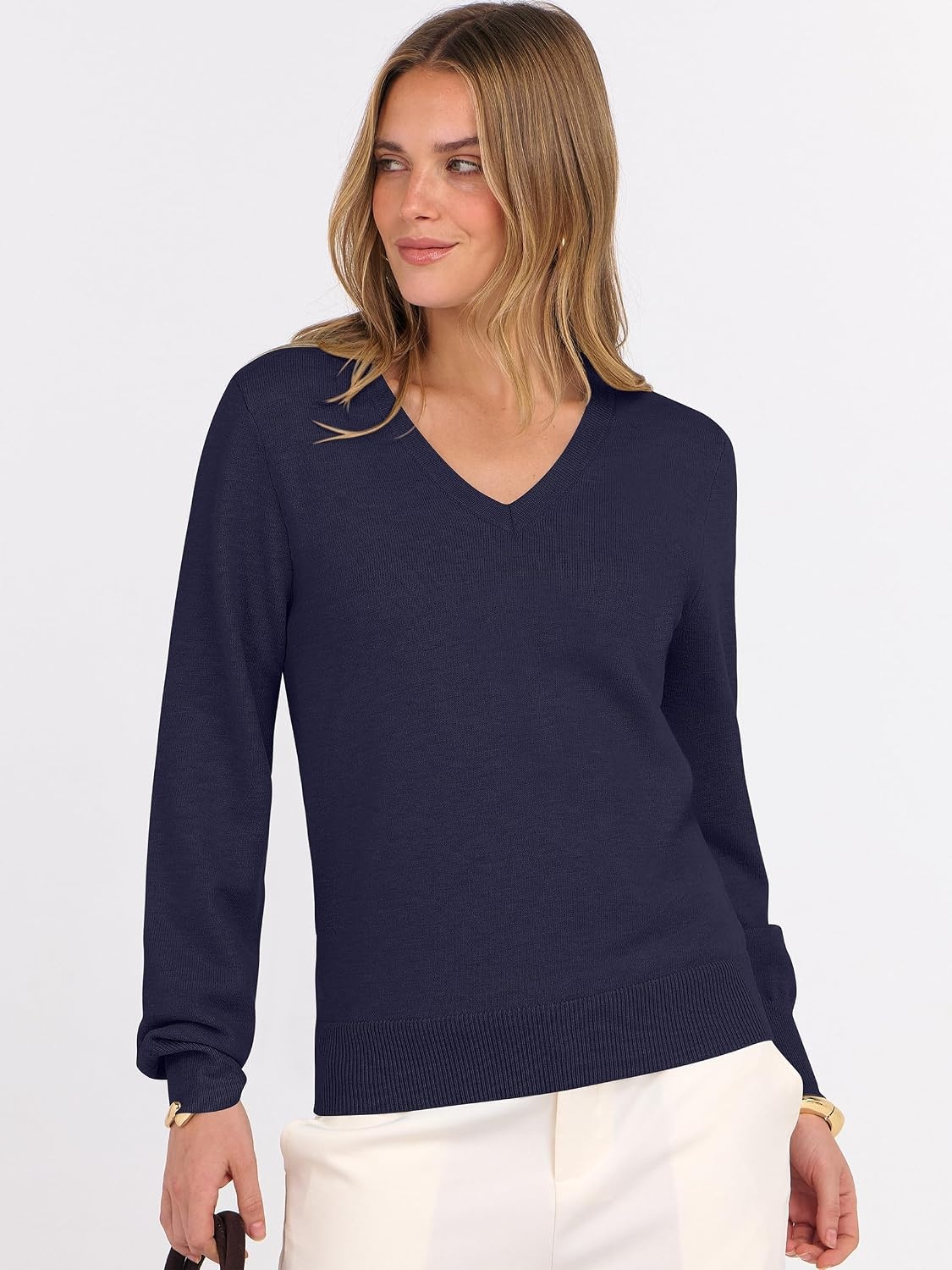 image:imageANRABESS Womens Fall Long Sleeve V Neck Lightweight Sweaters TopNavy Blue