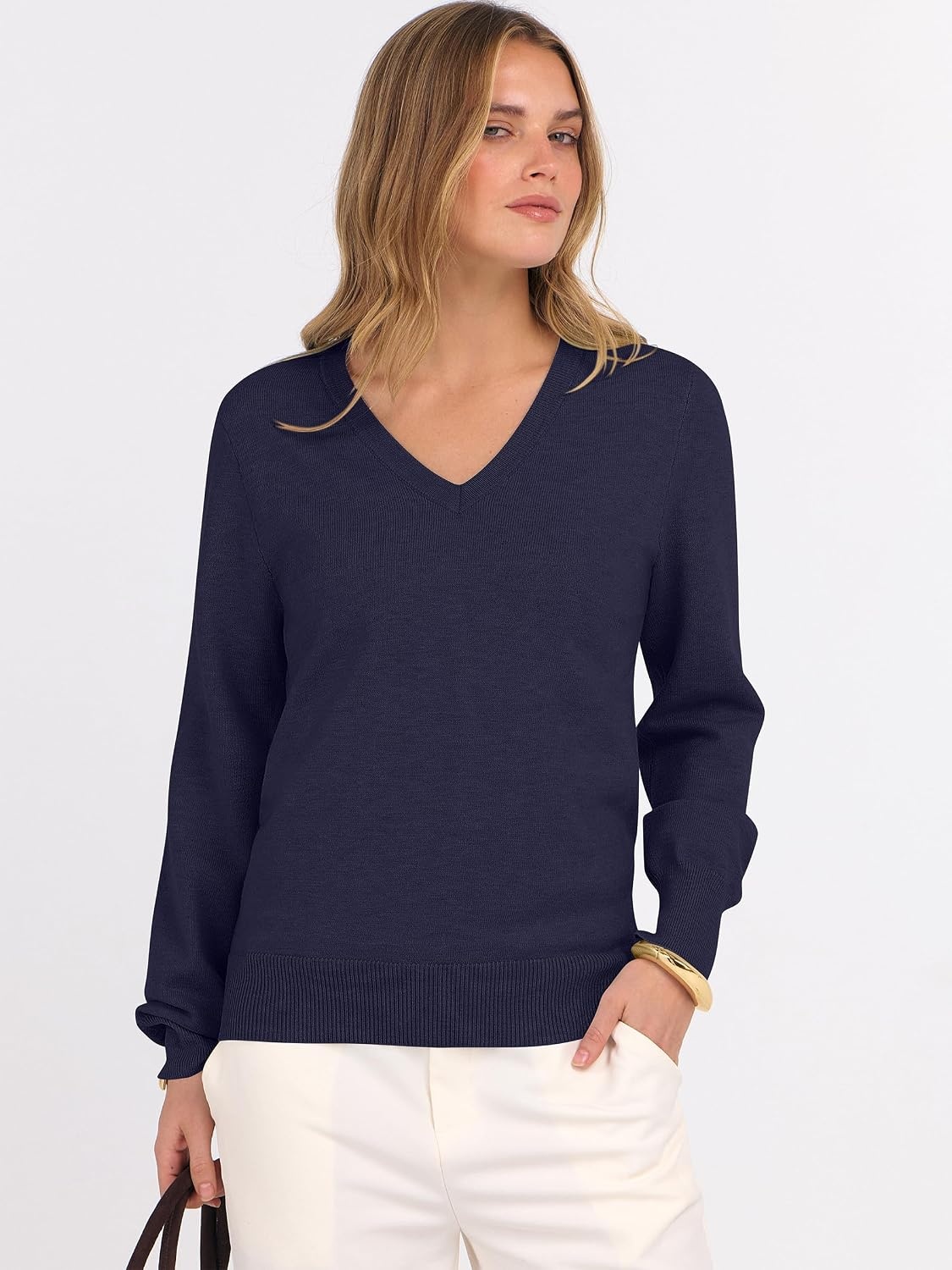 image:imageANRABESS Womens Fall Long Sleeve V Neck Lightweight Sweaters TopNavy Blue