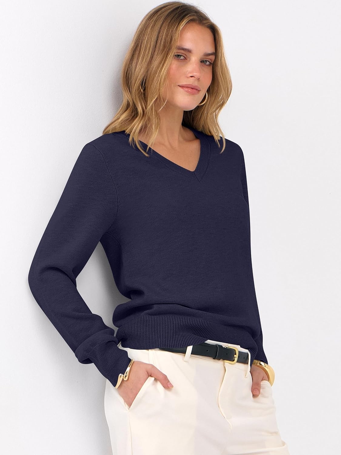 image:imageANRABESS Womens Fall Long Sleeve V Neck Lightweight Sweaters TopNavy Blue