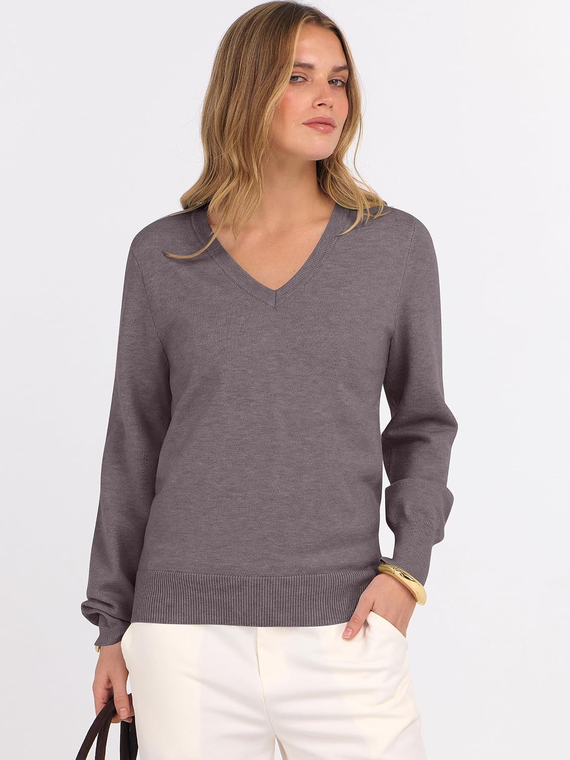 image:imageANRABESS Womens Fall Long Sleeve V Neck Lightweight Sweaters TopNutmeg