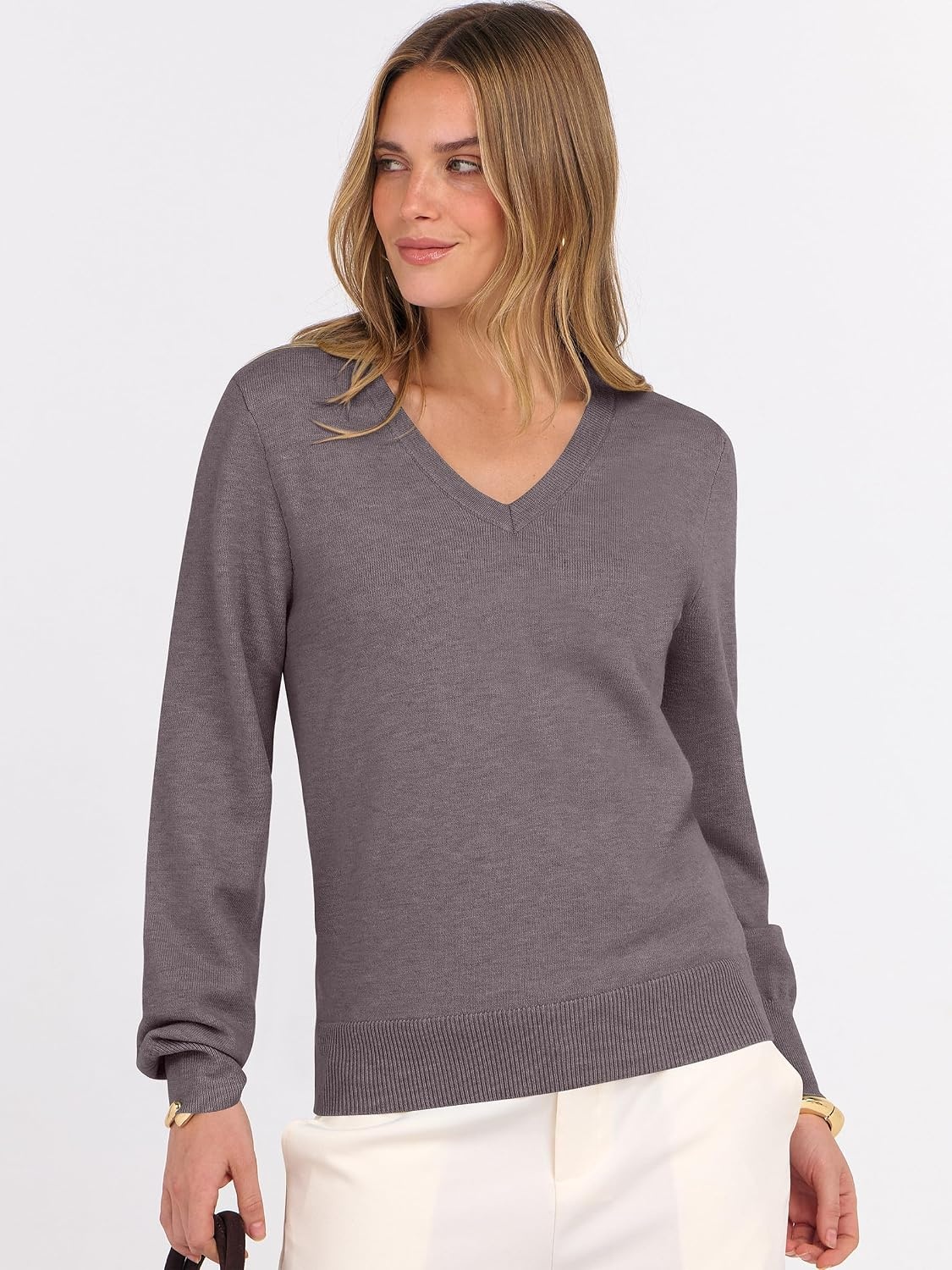 image:imageANRABESS Womens Fall Long Sleeve V Neck Lightweight Sweaters TopNutmeg