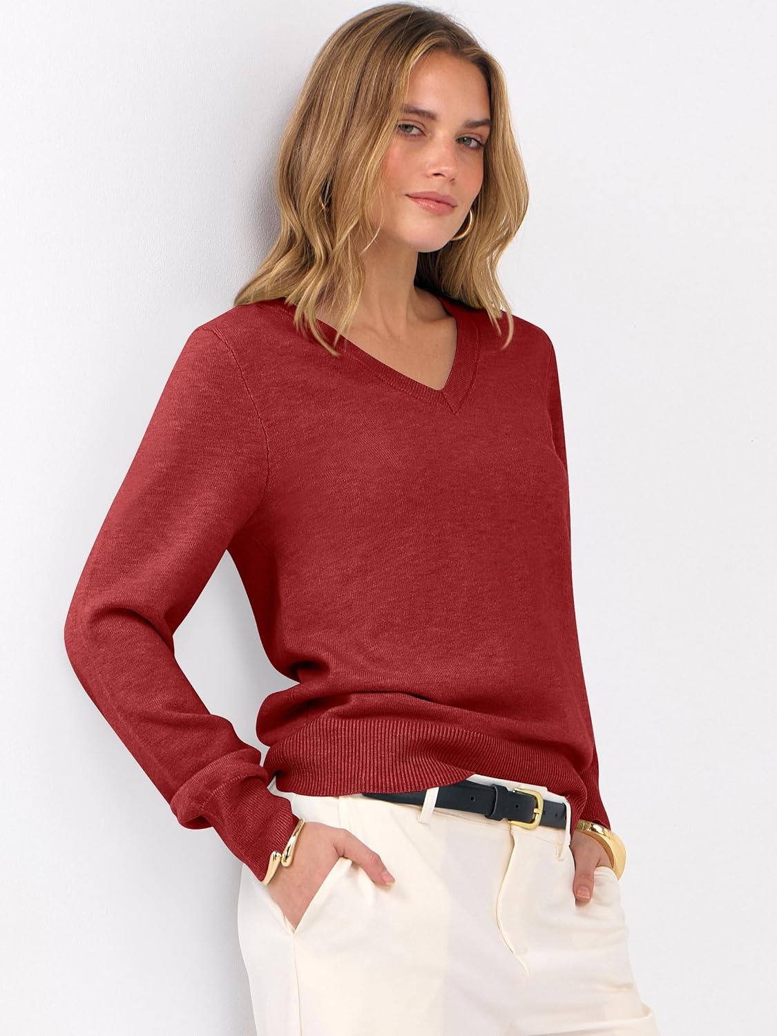 image:imageANRABESS Womens Fall Long Sleeve V Neck Lightweight Sweaters TopRed