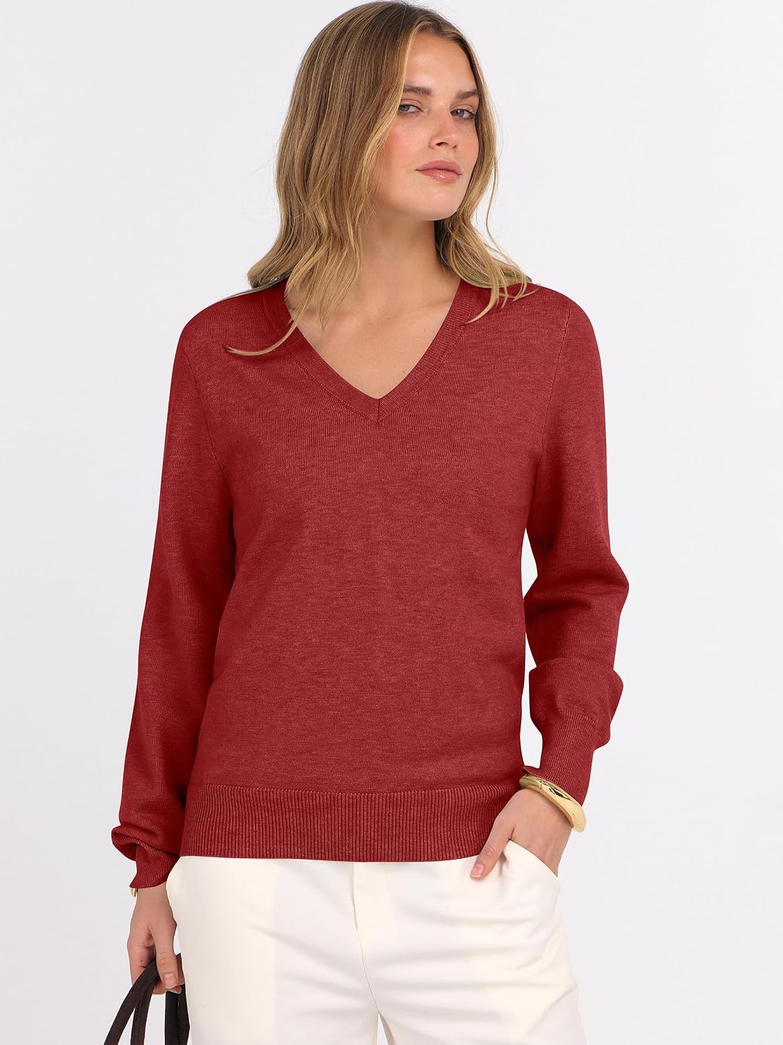 image:imageANRABESS Womens Fall Long Sleeve V Neck Lightweight Sweaters TopRed