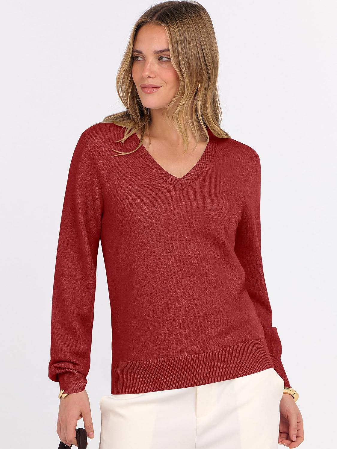 image:imageANRABESS Womens Fall Long Sleeve V Neck Lightweight Sweaters TopRed