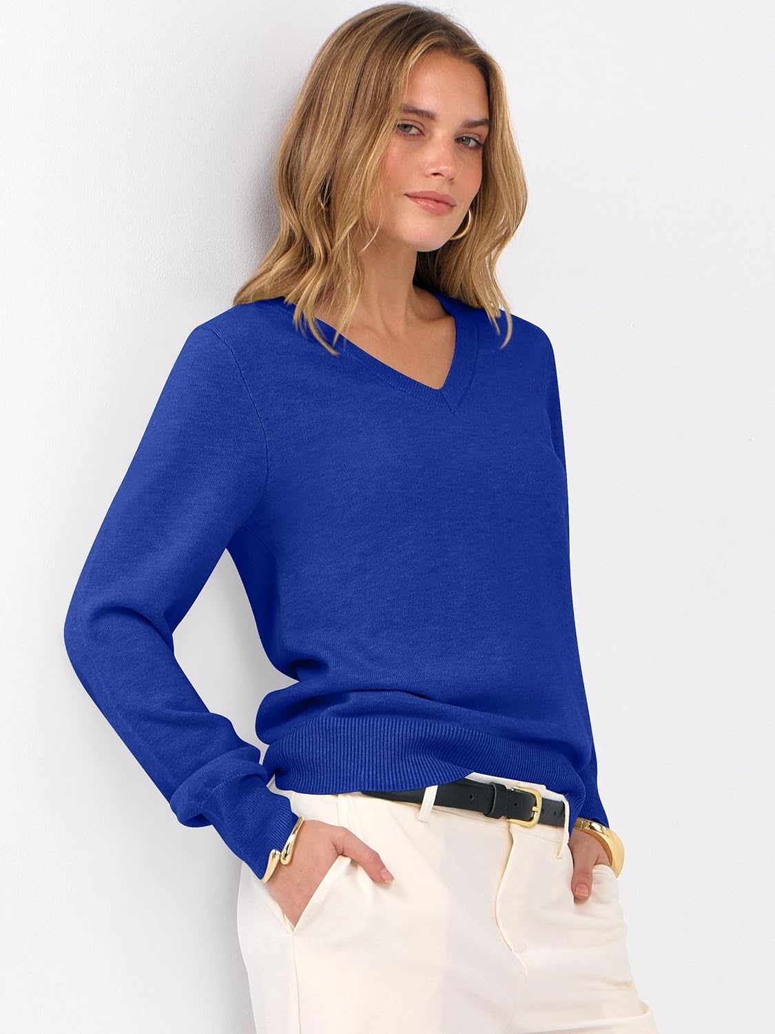 image:imageANRABESS Womens Fall Long Sleeve V Neck Lightweight Sweaters TopRoyal Blue