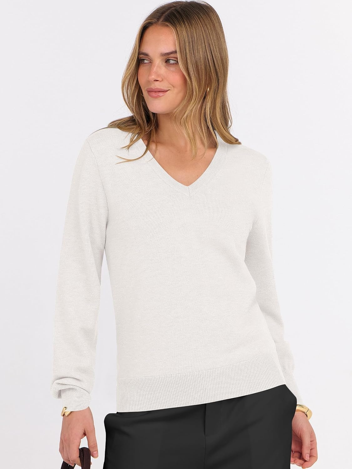 image:imageANRABESS Womens Fall Long Sleeve V Neck Lightweight Sweaters TopWhite
