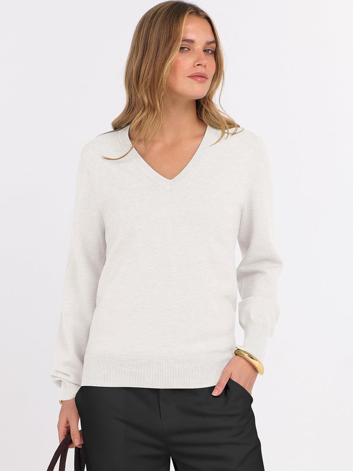 image:imageANRABESS Womens Fall Long Sleeve V Neck Lightweight Sweaters TopWhite