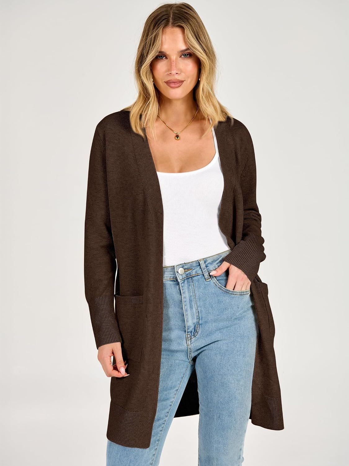 image:imageANRABESS Womens Lightweight Long Cardigan Sweaters 2026 Fall OutfitsCoffee