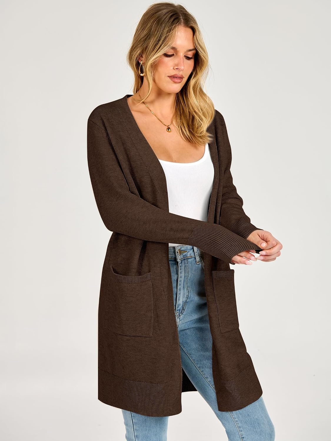 image:imageANRABESS Womens Lightweight Long Cardigan Sweaters 2026 Fall OutfitsCoffee