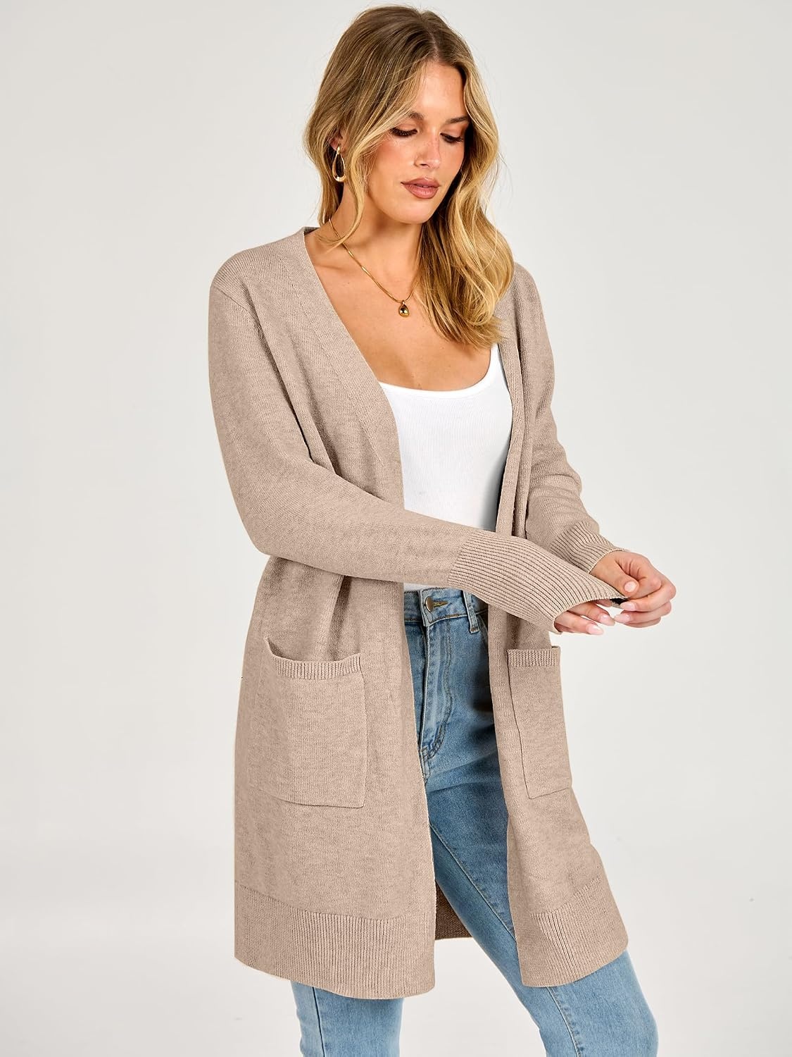 image:imageANRABESS Womens Lightweight Long Cardigan Sweaters 2026 Fall OutfitsLight Khaki