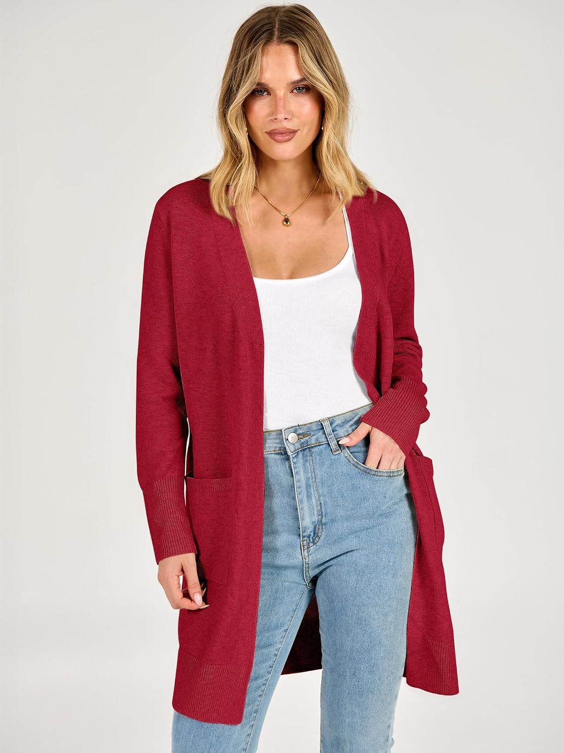 image:imageANRABESS Womens Lightweight Long Cardigan Sweaters 2026 Fall OutfitsRed