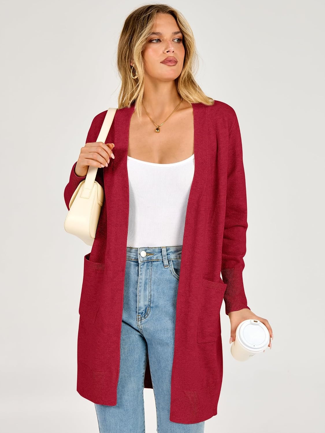 image:imageANRABESS Womens Lightweight Long Cardigan Sweaters 2026 Fall OutfitsRed