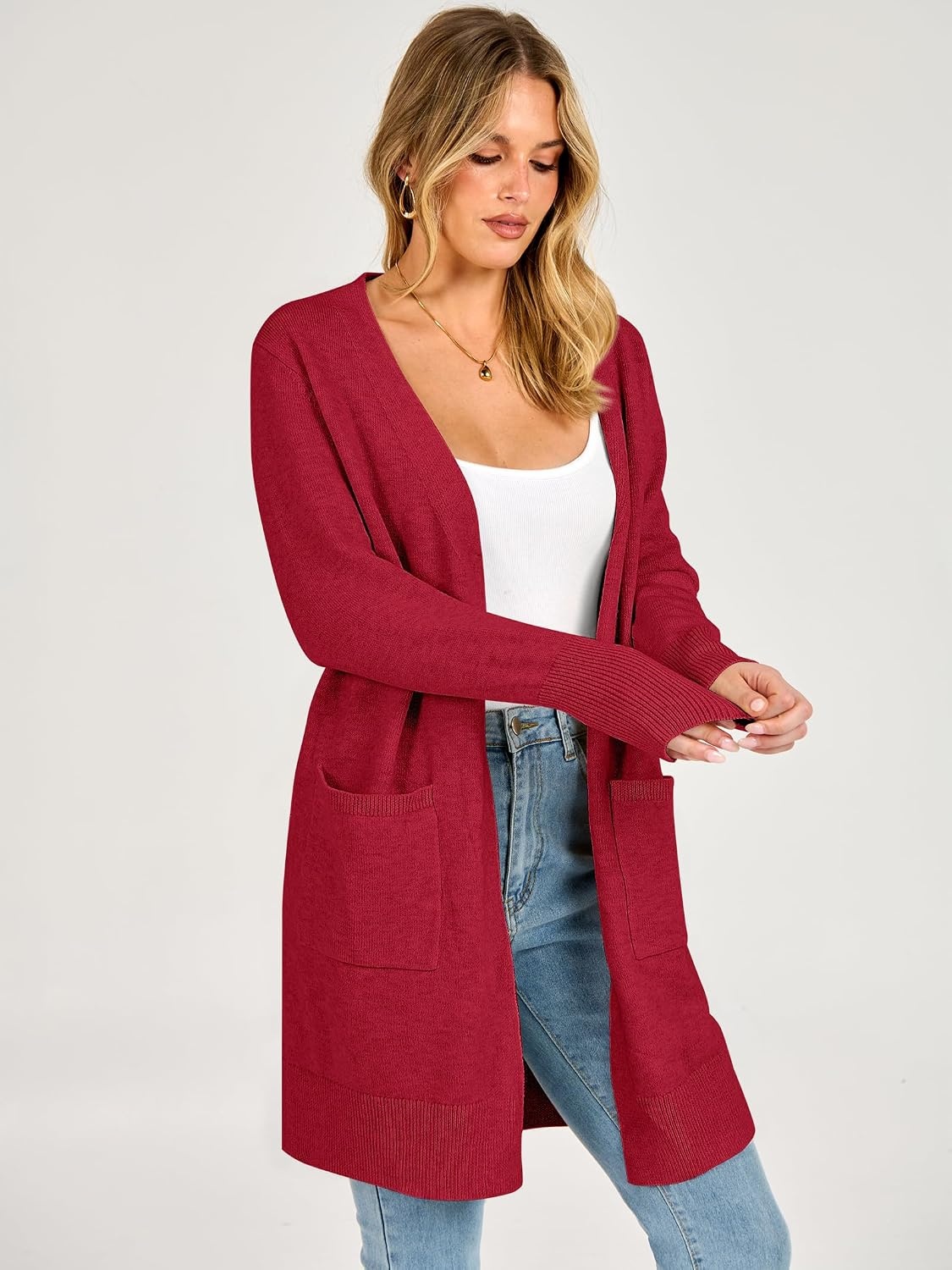 image:imageANRABESS Womens Lightweight Long Cardigan Sweaters 2026 Fall OutfitsRed