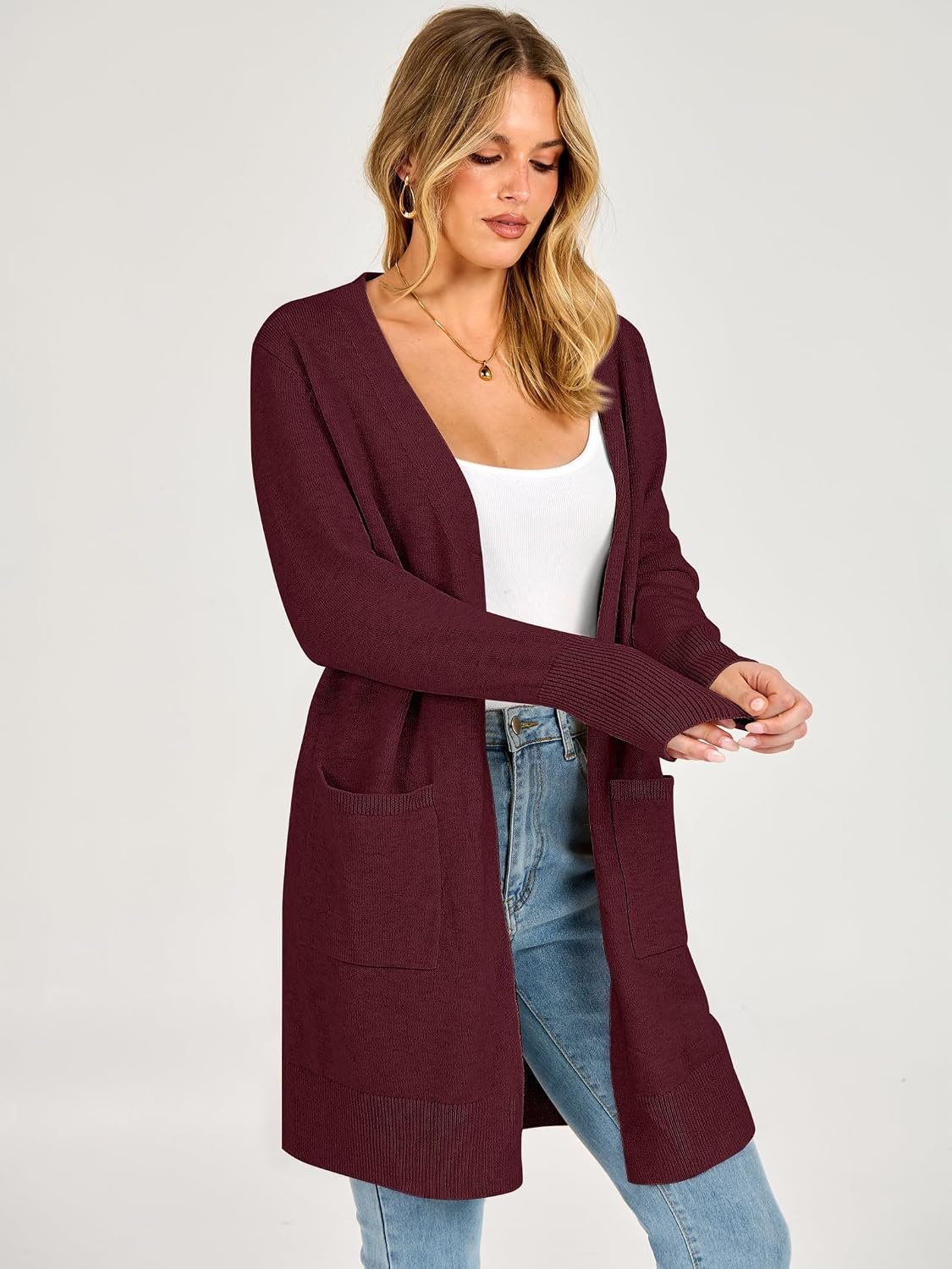 image:imageANRABESS Womens Lightweight Long Cardigan Sweaters 2026 Fall OutfitsWine Red